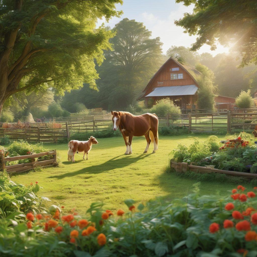 A serene farm scene showcasing a diverse group of well-cared-for animals, including cows, chickens, and dogs, surrounded by lush greenery. In the foreground, a balanced meal of organic feed and fresh vegetables highlights nutrition. A trainer gently interacting with a horse emphasizes positive training techniques. Include safety elements like safe enclosures and protective gear. The atmosphere is warm and inviting, symbolizing holistic well-being. vibrant colors. super-realistic.