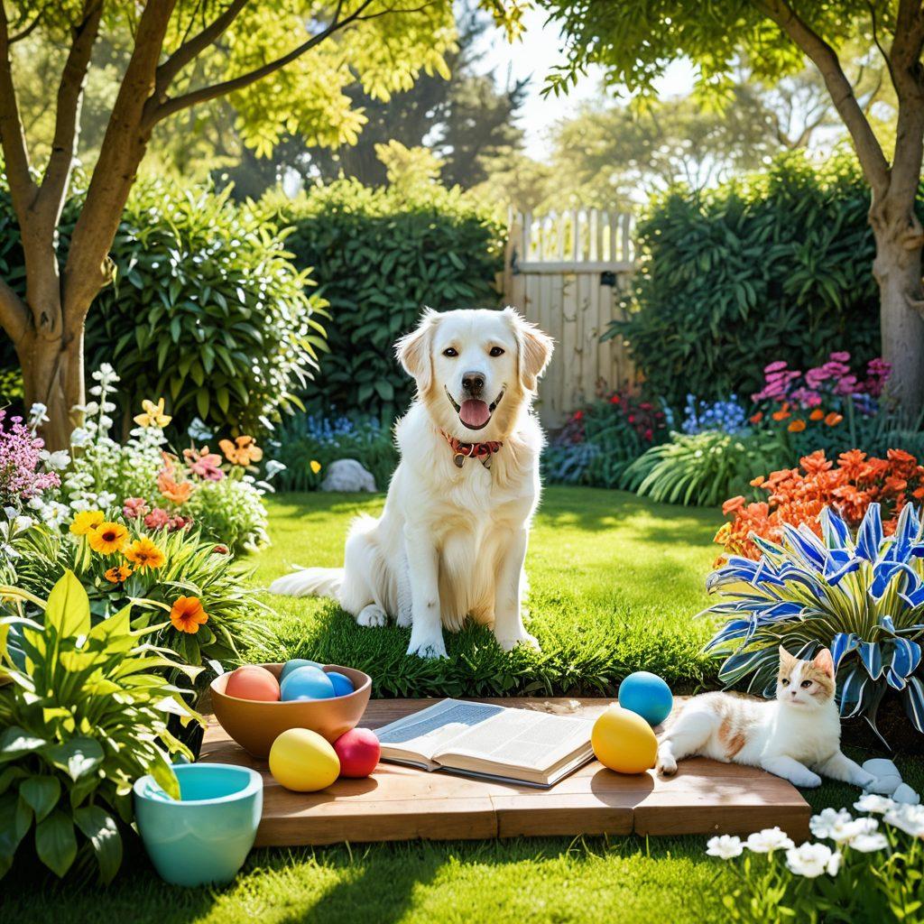 A vibrant and inviting animal care scene featuring a happy dog and cat in a lush green garden, surrounded by essential wellness items like bowls of nutritious food, wellness books, and playful toys. Include a veterinarian examining the animals with a warm smile, symbolizing trust and health. Bright sunlight filters through the trees, giving a joyful vibe. super-realistic. vibrant colors. white background.